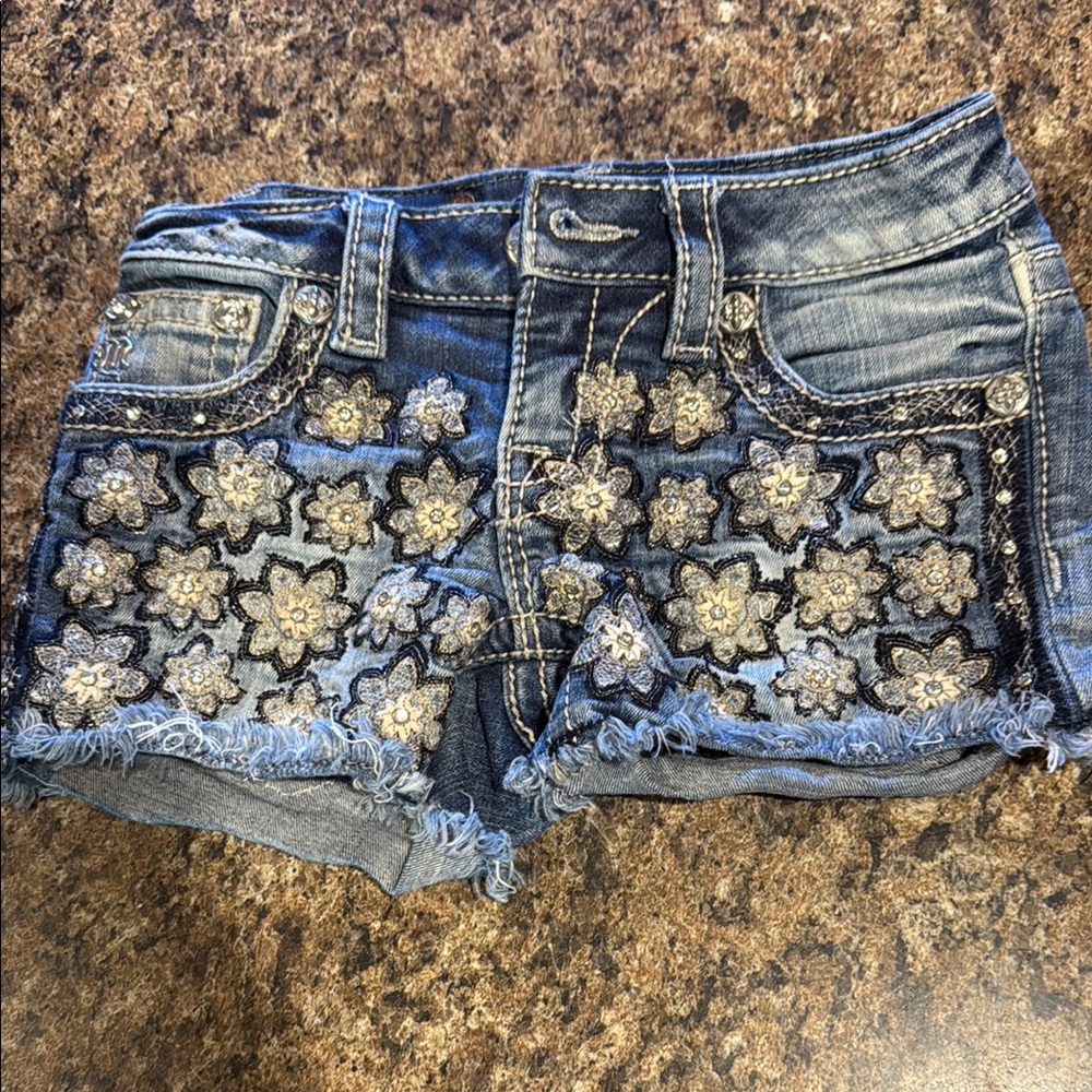 Miss Me Blue and Gold Jean Shorts with Floral Embellishments